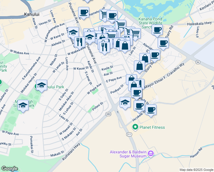 map of restaurants, bars, coffee shops, grocery stores, and more near 479 Puunene Avenue in Kahului