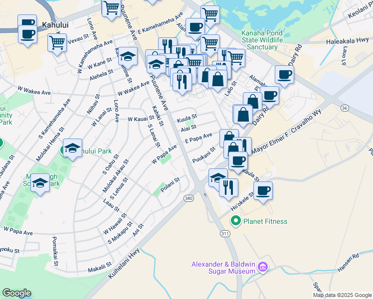map of restaurants, bars, coffee shops, grocery stores, and more near 479 Puunene Avenue in Kahului