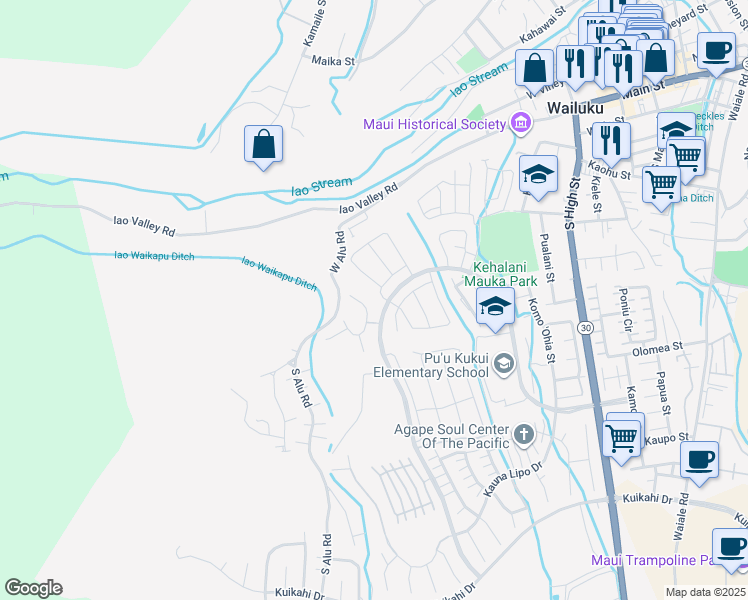 map of restaurants, bars, coffee shops, grocery stores, and more near 256 Kili'o'opu Street in Wailuku
