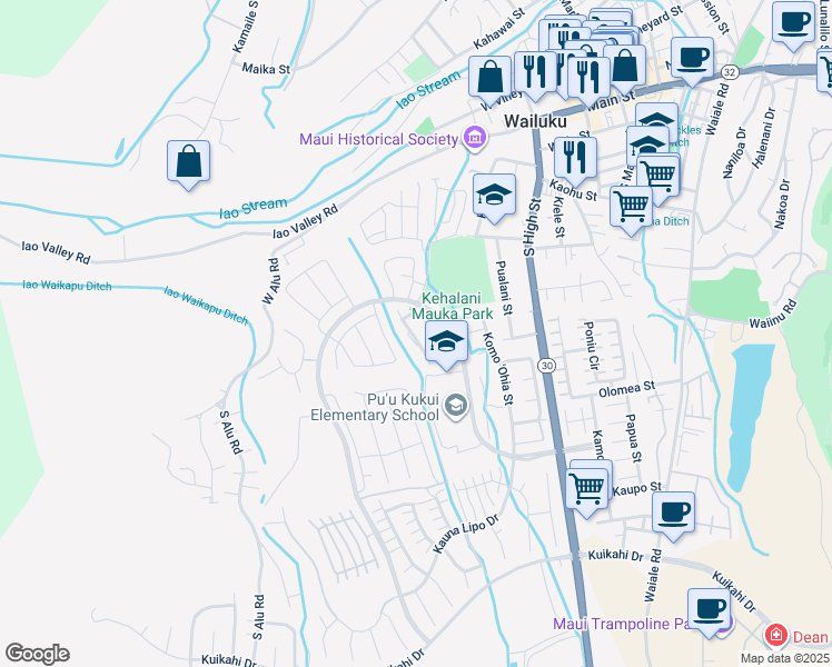 map of restaurants, bars, coffee shops, grocery stores, and more near 139 Hoowaiwai Loop in Wailuku