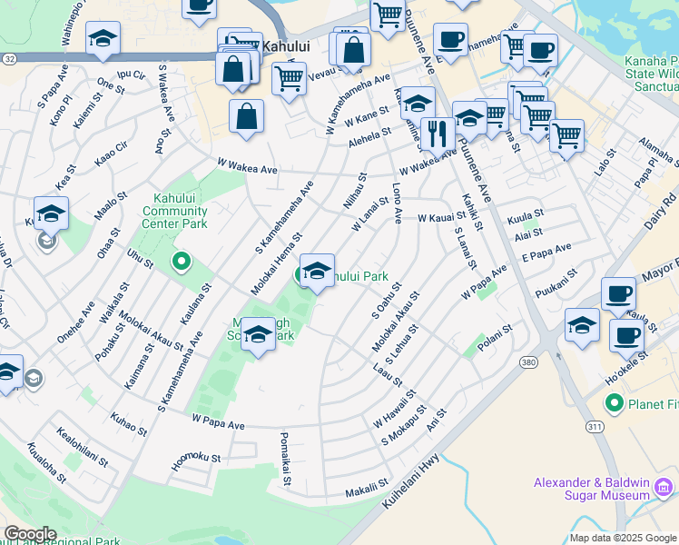 map of restaurants, bars, coffee shops, grocery stores, and more near 288 West Kauai Street in Kahului