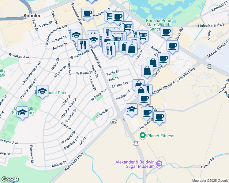 map of restaurants, bars, coffee shops, grocery stores, and more near 23 East Hawaii Street in Kahului