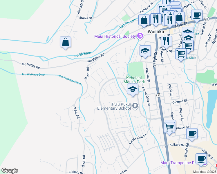map of restaurants, bars, coffee shops, grocery stores, and more near 133 Lili Lehua Street in Wailuku