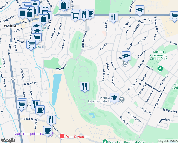 map of restaurants, bars, coffee shops, grocery stores, and more near 65 Kamalei Circle in Kahului