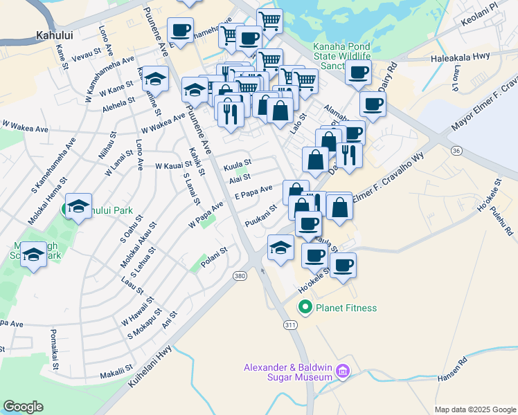 map of restaurants, bars, coffee shops, grocery stores, and more near 48 East Hawaii Street in Kahului