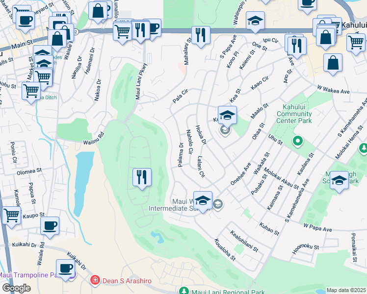map of restaurants, bars, coffee shops, grocery stores, and more near 357 Palama Drive in Kahului