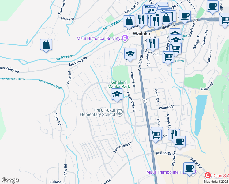 map of restaurants, bars, coffee shops, grocery stores, and more near 134 Hoowaiwai Loop in Wailuku