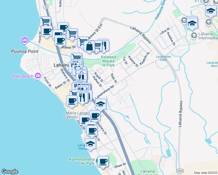 map of restaurants, bars, coffee shops, grocery stores, and more near 371 Lahainaluna Road in Lahaina