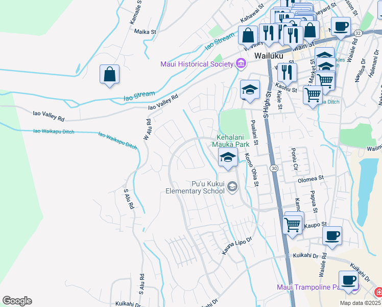 map of restaurants, bars, coffee shops, grocery stores, and more near 132 Lili Lehua Street in Wailuku