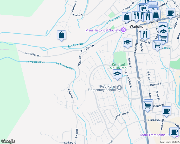 map of restaurants, bars, coffee shops, grocery stores, and more near 225 Kili'o'opu Street in Wailuku
