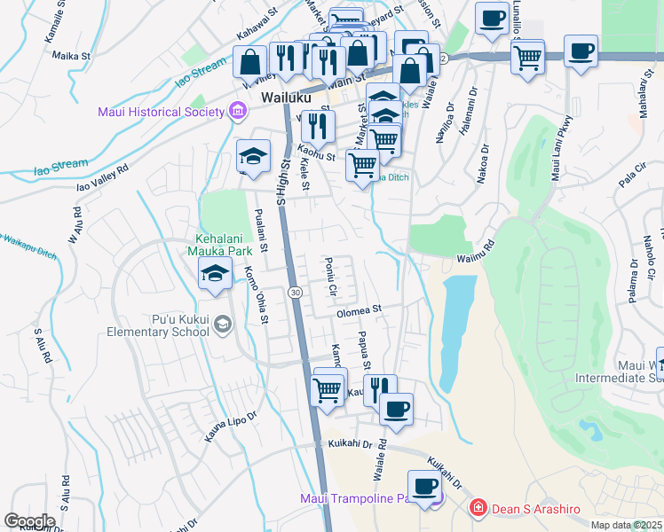 map of restaurants, bars, coffee shops, grocery stores, and more near 78 Poniu Circle in Wailuku