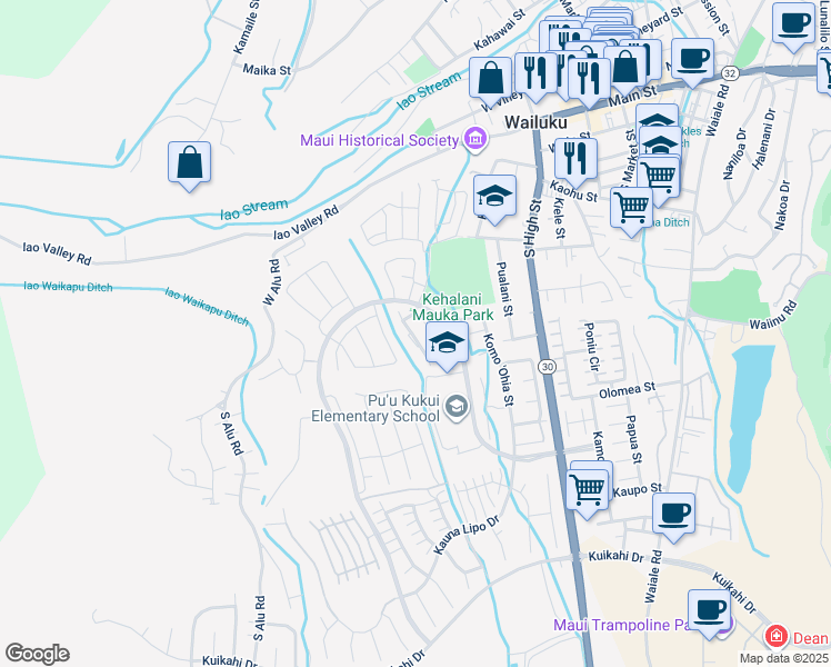 map of restaurants, bars, coffee shops, grocery stores, and more near 136 Hoowaiwai Loop in Wailuku