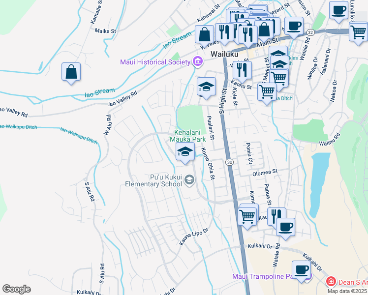 map of restaurants, bars, coffee shops, grocery stores, and more near 212 Hooulu Lane in Wailuku