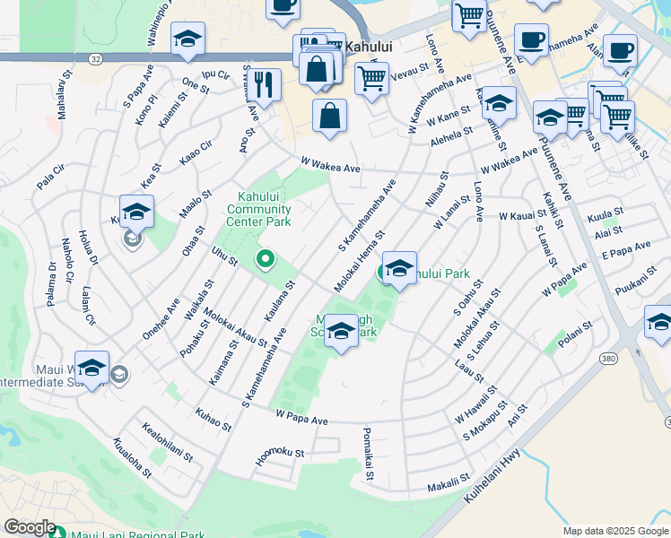 map of restaurants, bars, coffee shops, grocery stores, and more near 447 South Kamehameha Avenue in Kahului