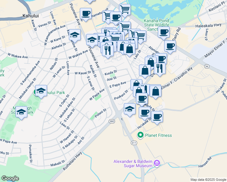 map of restaurants, bars, coffee shops, grocery stores, and more near 23 East Hawaii Street in Kahului