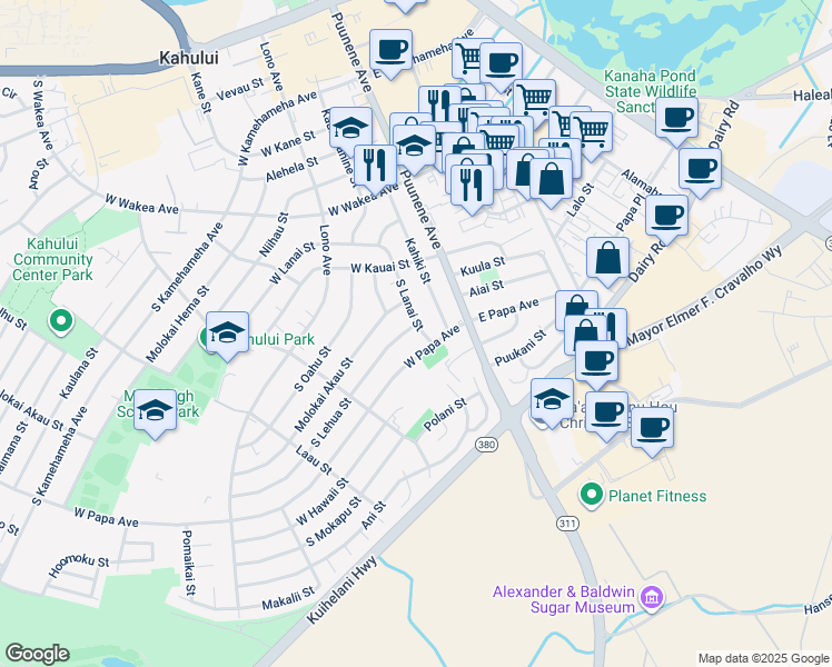 map of restaurants, bars, coffee shops, grocery stores, and more near 67 South Lehua Street in Kahului
