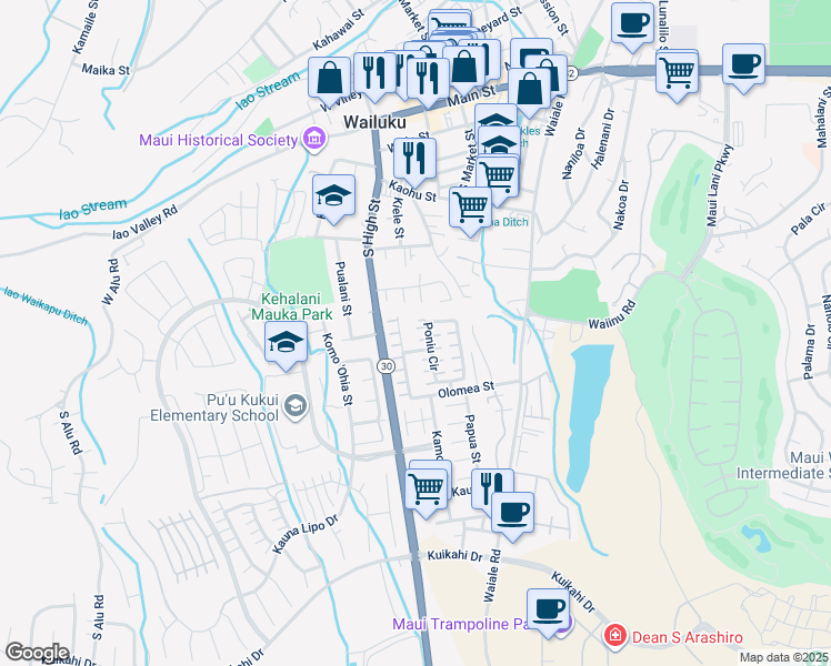 map of restaurants, bars, coffee shops, grocery stores, and more near 87 Poniu Circle in Wailuku