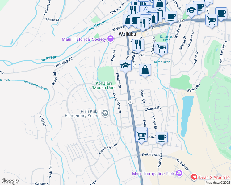 map of restaurants, bars, coffee shops, grocery stores, and more near 525 Koma 'Ohia Street in Wailuku