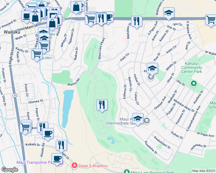 map of restaurants, bars, coffee shops, grocery stores, and more near 65 Kamalei Circle in Kahului