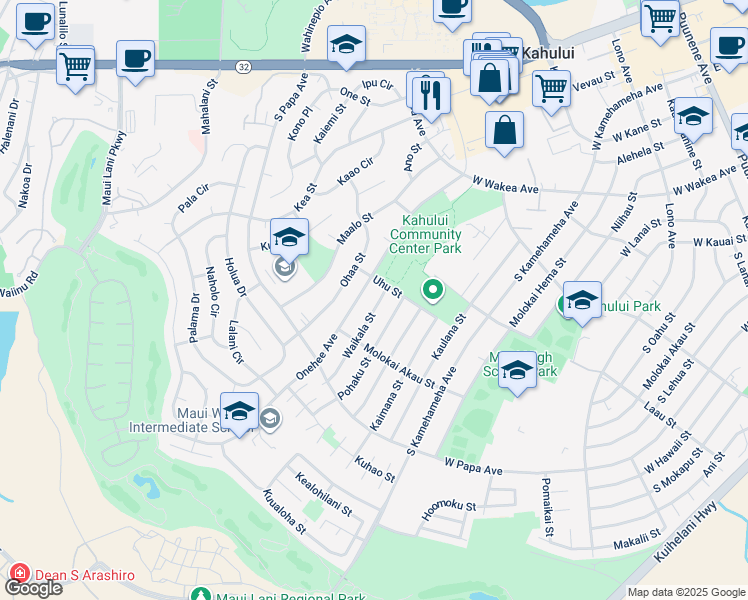 map of restaurants, bars, coffee shops, grocery stores, and more near 516 Waikala Street in Kahului