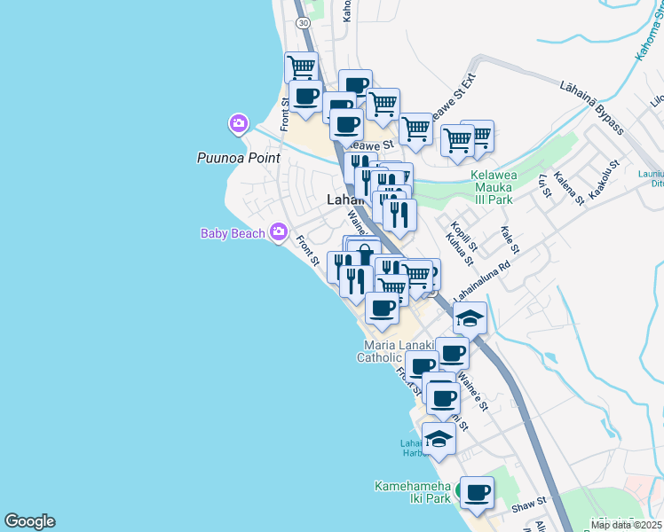 map of restaurants, bars, coffee shops, grocery stores, and more near 1022 Front Street in Lahaina