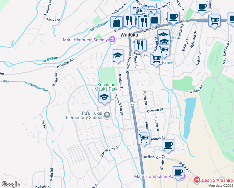 map of restaurants, bars, coffee shops, grocery stores, and more near 525 Koma 'Ohia Street in Wailuku