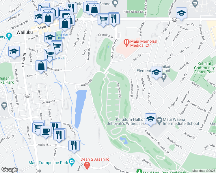 map of restaurants, bars, coffee shops, grocery stores, and more near 11 Meleinoa Place in Kahului