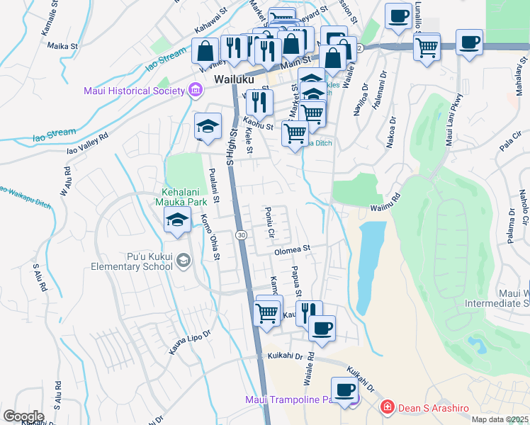 map of restaurants, bars, coffee shops, grocery stores, and more near 83 Poniu Circle in Wailuku