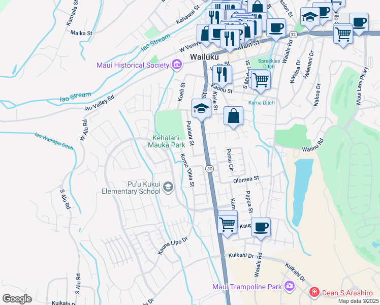 map of restaurants, bars, coffee shops, grocery stores, and more near 521 Pualani Street in Wailuku