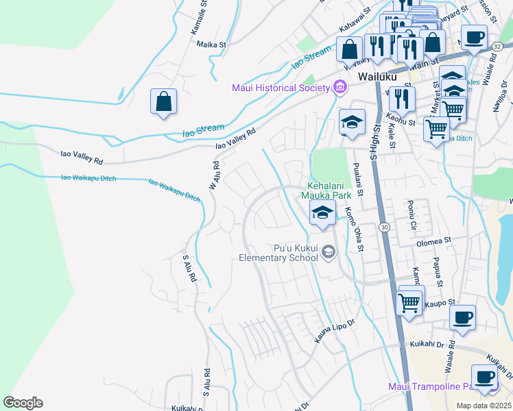map of restaurants, bars, coffee shops, grocery stores, and more near 38 la iki street in Wailuku