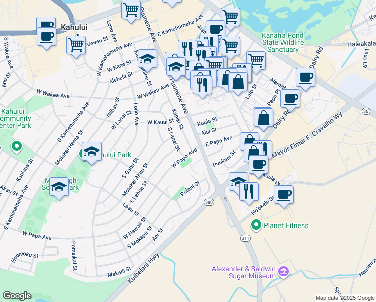 map of restaurants, bars, coffee shops, grocery stores, and more near 36 West Papa Avenue in Kahului