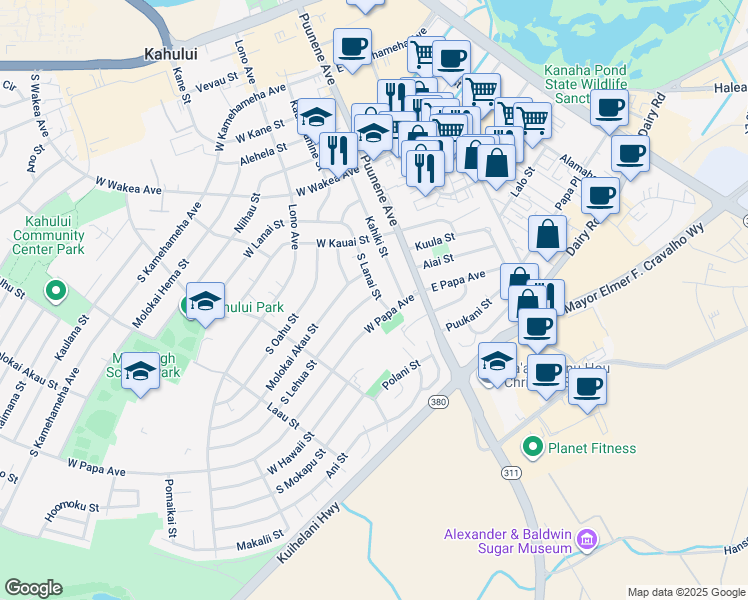 map of restaurants, bars, coffee shops, grocery stores, and more near 67 South Lehua Street in Kahului