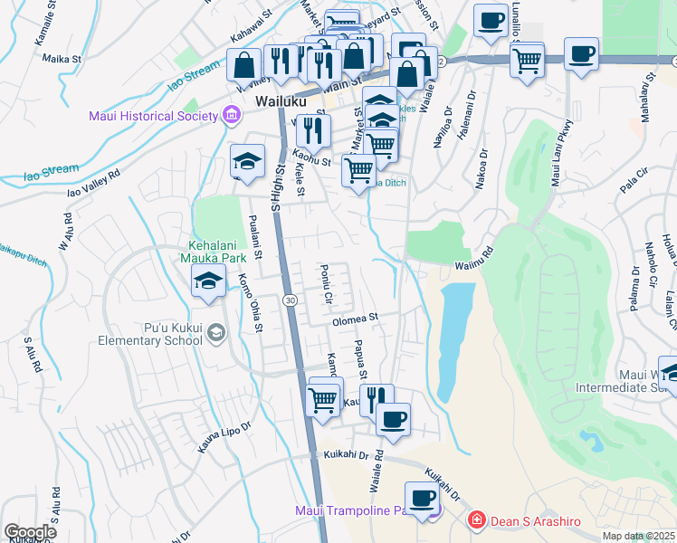 map of restaurants, bars, coffee shops, grocery stores, and more near 148 Poniu Circle in Wailuku