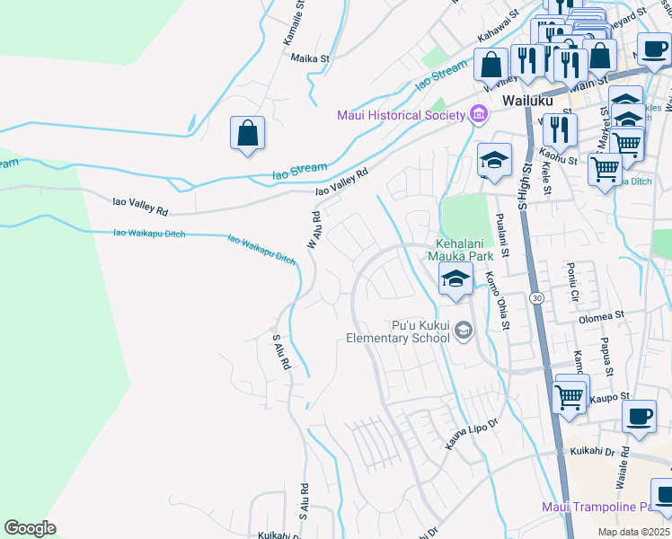 map of restaurants, bars, coffee shops, grocery stores, and more near 45 North Laikeha Place in Wailuku