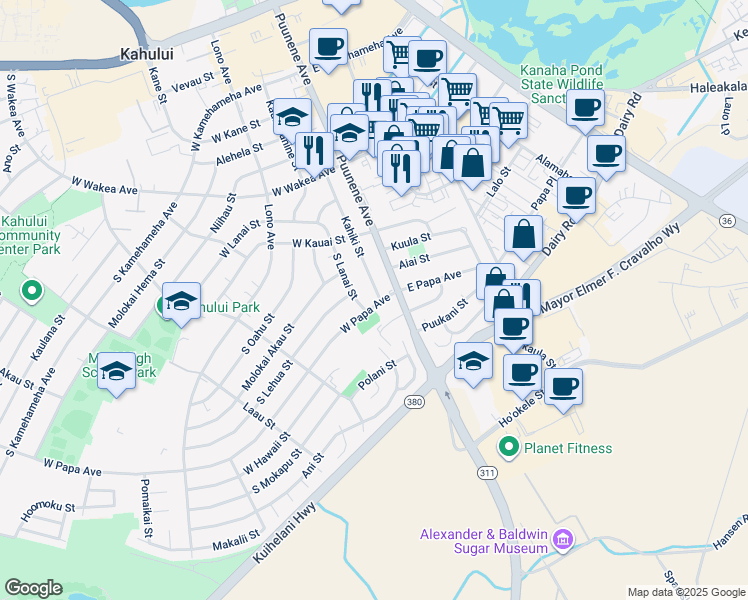 map of restaurants, bars, coffee shops, grocery stores, and more near 36 West Papa Avenue in Kahului