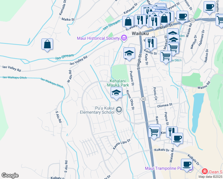 map of restaurants, bars, coffee shops, grocery stores, and more near 215 Hooulu Lane in Wailuku