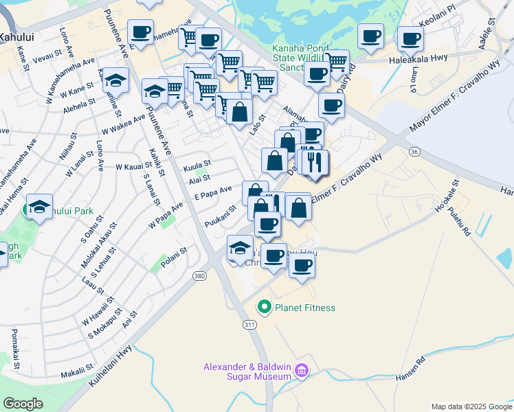 map of restaurants, bars, coffee shops, grocery stores, and more near 5 Leioni Place in Kahului