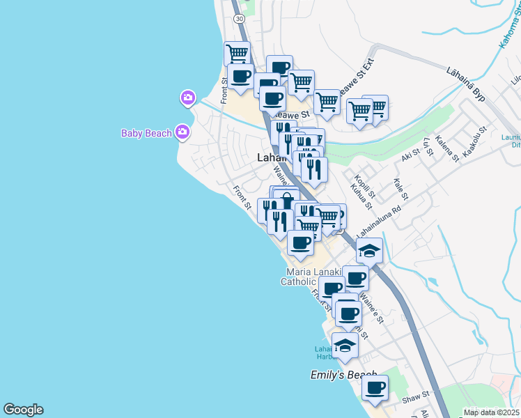 map of restaurants, bars, coffee shops, grocery stores, and more near 1022 Front Street in Lahaina