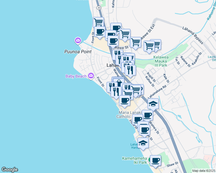 map of restaurants, bars, coffee shops, grocery stores, and more near 1022 Front Street in Lahaina