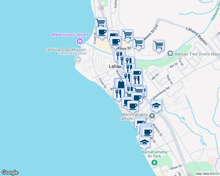 map of restaurants, bars, coffee shops, grocery stores, and more near 1010 Front Street in Lahaina