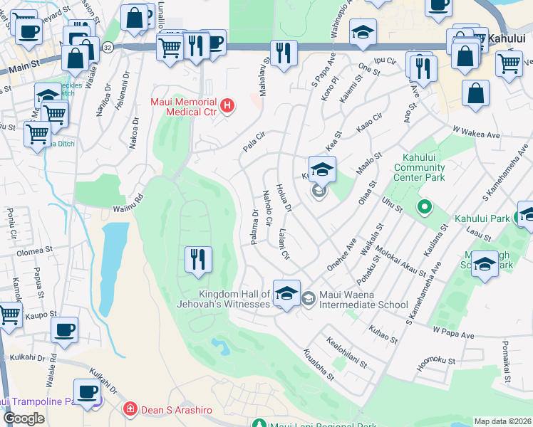 map of restaurants, bars, coffee shops, grocery stores, and more near 362 Naholo Circle in Kahului