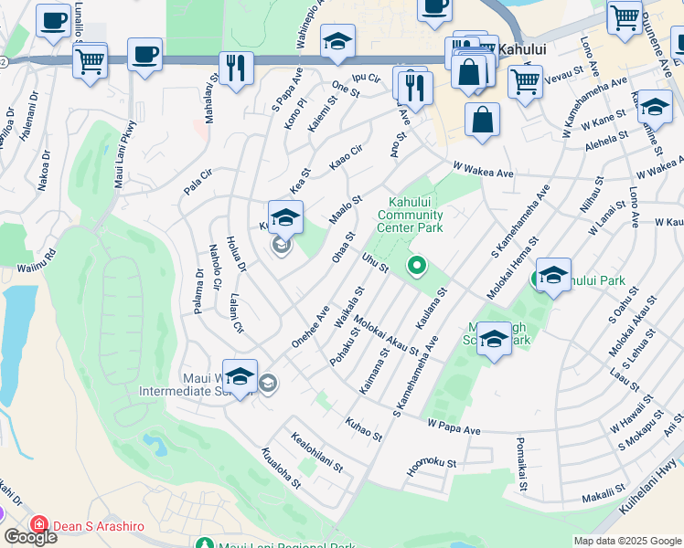 map of restaurants, bars, coffee shops, grocery stores, and more near 578 Onehee Avenue in Kahului