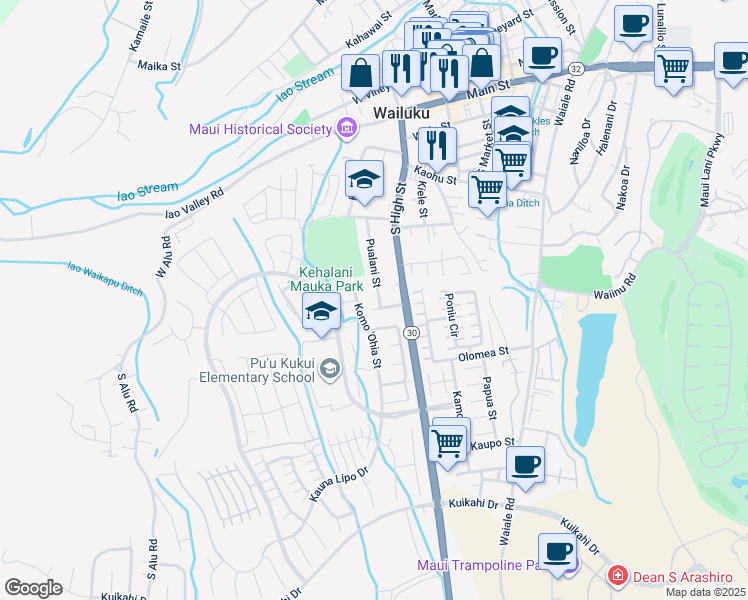 map of restaurants, bars, coffee shops, grocery stores, and more near 521 Pualani Street in Wailuku