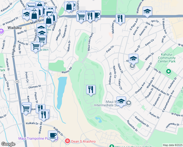 map of restaurants, bars, coffee shops, grocery stores, and more near 18 Puuaina Place in Kahului