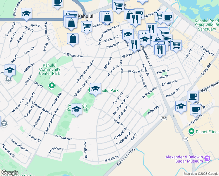 map of restaurants, bars, coffee shops, grocery stores, and more near 263 West Kauai Street in Kahului