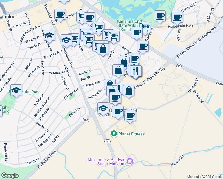 map of restaurants, bars, coffee shops, grocery stores, and more near 5 Leioni Place in Kahului