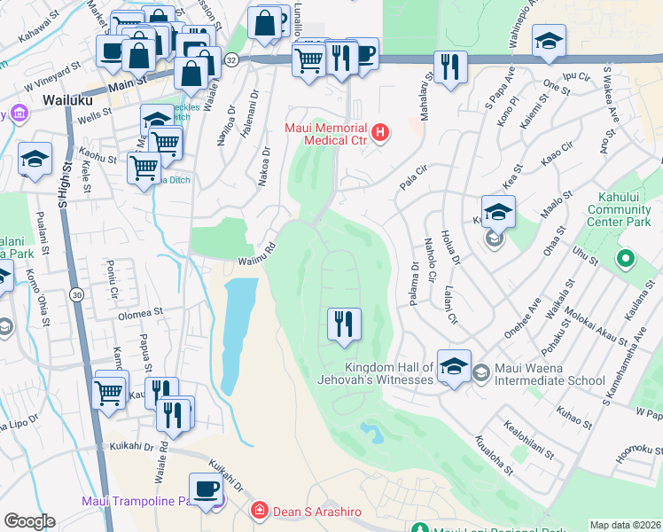 map of restaurants, bars, coffee shops, grocery stores, and more near 21 Meleinoa Place in Kahului