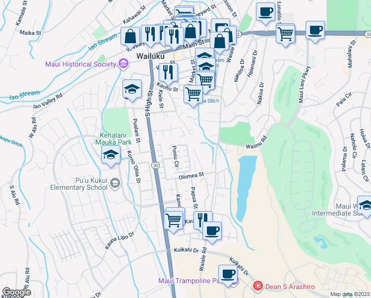 map of restaurants, bars, coffee shops, grocery stores, and more near 144 Poniu Circle in Wailuku