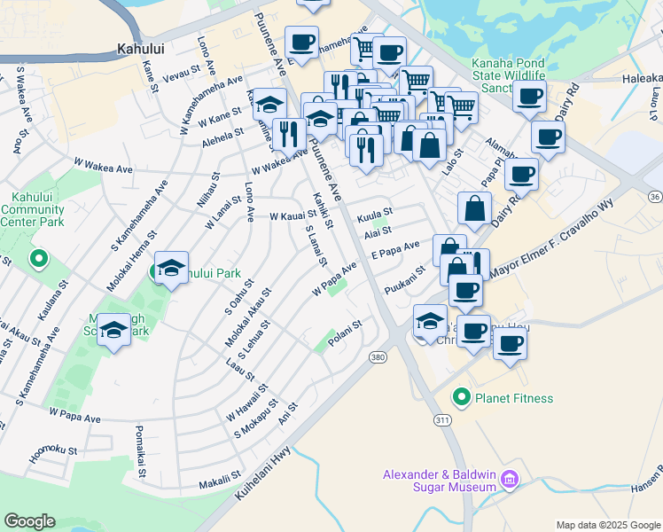map of restaurants, bars, coffee shops, grocery stores, and more near 449 South Lanai Street in Kahului