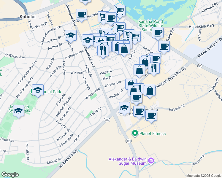 map of restaurants, bars, coffee shops, grocery stores, and more near 37 East Hawaii Street in Kahului